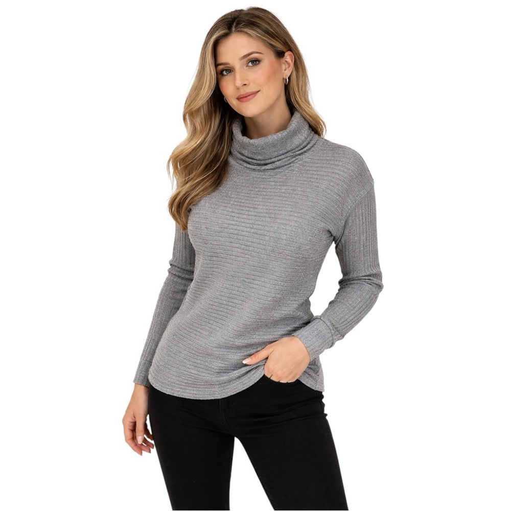 Workshop Gray Ribbed Cowl Neck Sweater